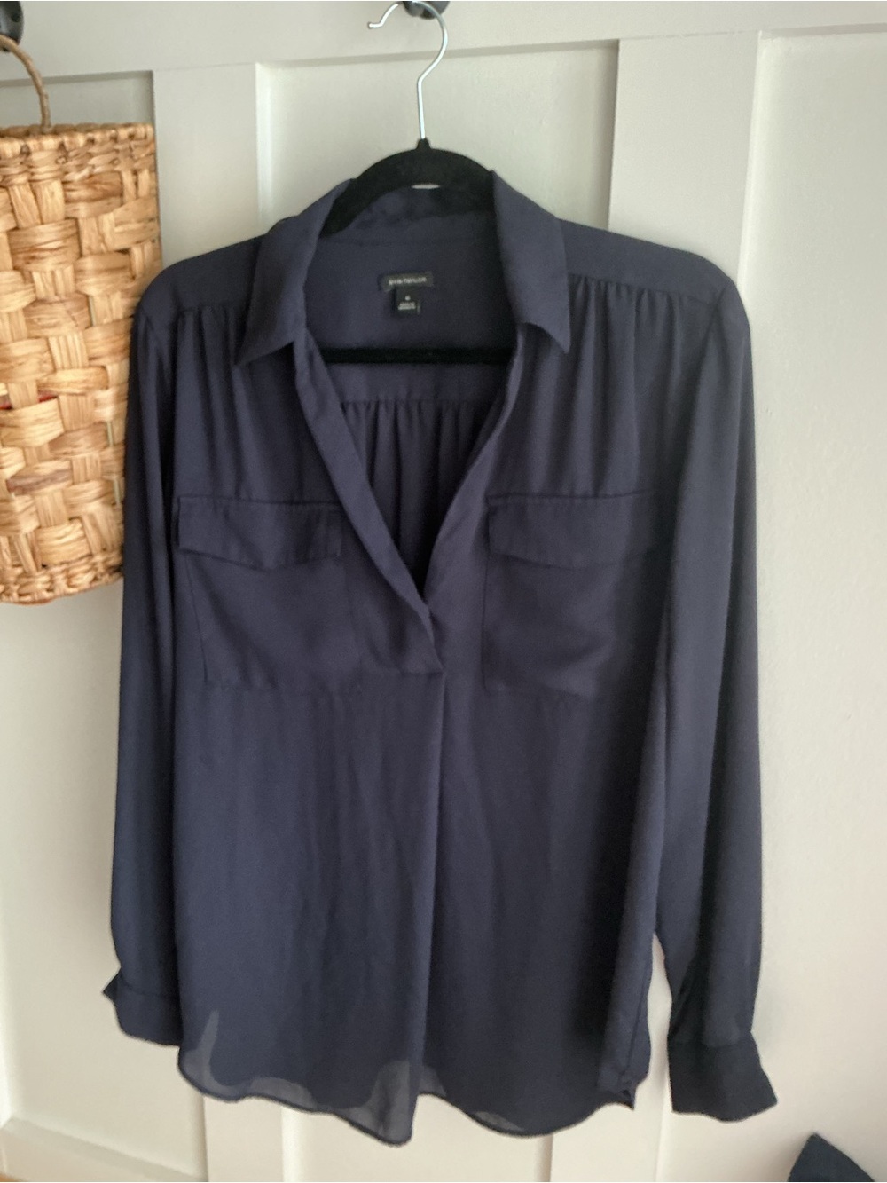 Ann Taylor Navy Long-Sleeve V-Neck Blouse